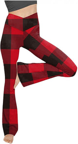 Damen nan taillenhohe Yogahose mit überkreuztem Bund und ausgestelltem Saum mit Schlitz Drune in Großkariert Rot