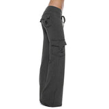 Damen nan lässige Low-Rise Cargo-Loungehose mit weitem Bein, breitem Komfortbund und dekorativen Klappentaschen Drune in Dunkel meliertes Grau