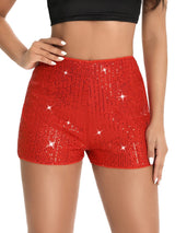 Damen Hochgeschnittene Pailletten Shorts – Glänzender Party Glam Fit in Rot