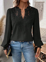 Damen nan Spitzenapplikation V-Ausschnitt Bluse mit Strukturpunkt, gerafften Manschetten und leicht taillierter Silhouette Drune in Schwarz