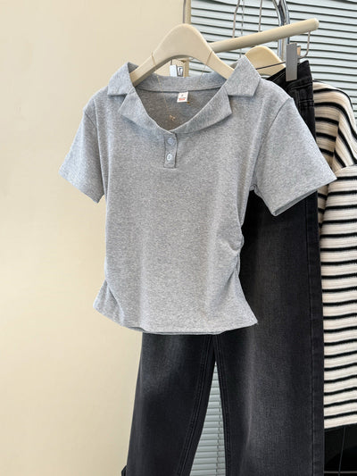 Damen Polo Stil Kurzarm-Top mit Knopfleiste Heidi-Mode