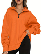 Damen nan Oversized Sweatshirt mit Kurzreißverschluss, Stehkragen und Kängurutasche Drune in Orange