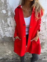 Damen nan Kapuzenmantel mittellanger Baumwollmix mit Druckknopfleiste und Eingrifftaschen Drune in Rot