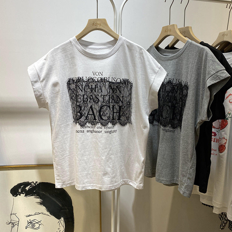 Femme Spitze Detail Grafik T-Shirt Heidi-Mode