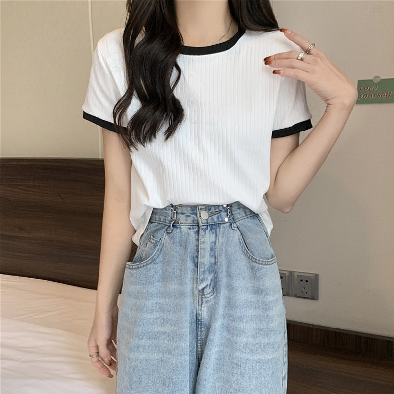 Femme Rippstrick Kontrastbesatz T-Shirt Heidi-Mode