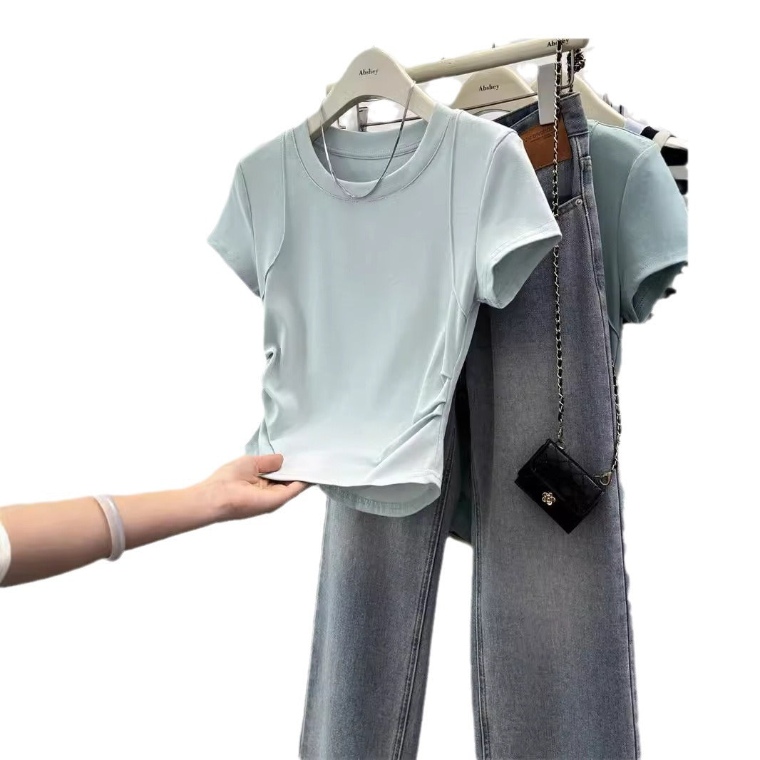 Femme Kurzarm Raffung Detail Top Heidi-Mode