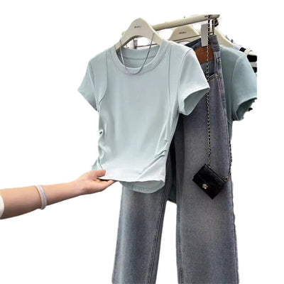 Femme Kurzarm Raffung Detail Top Heidi-Mode