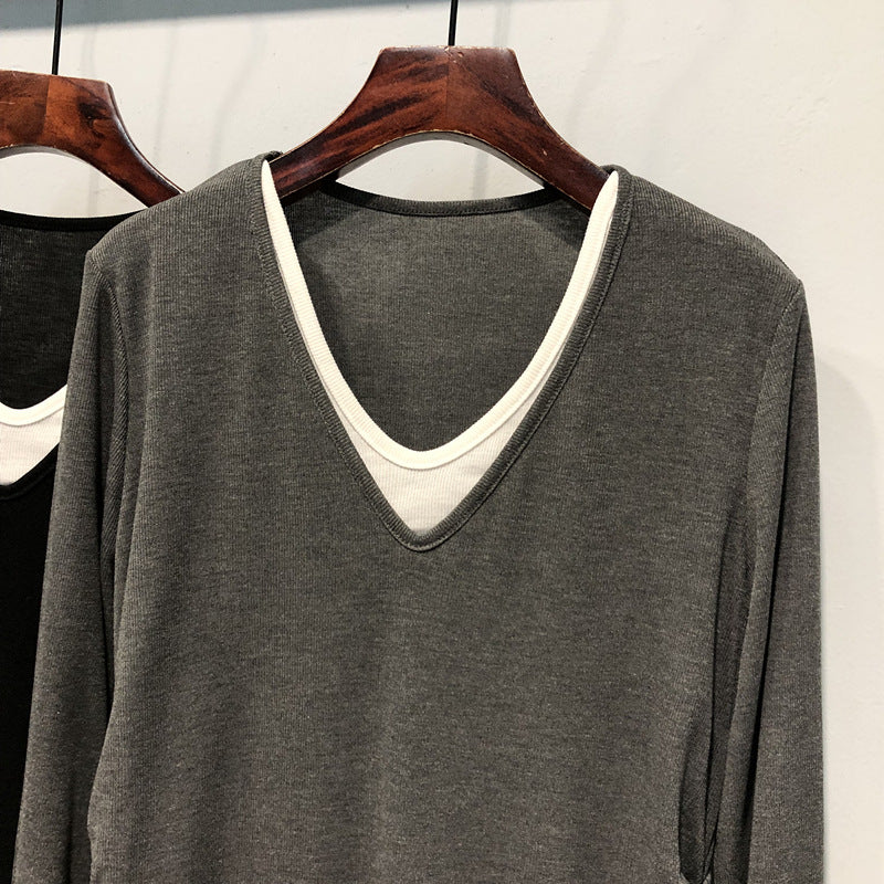 Femme Lagen V-Ausschnitt Langarmtop mit verstellbarem Seitenschnürung Heidi-Mode