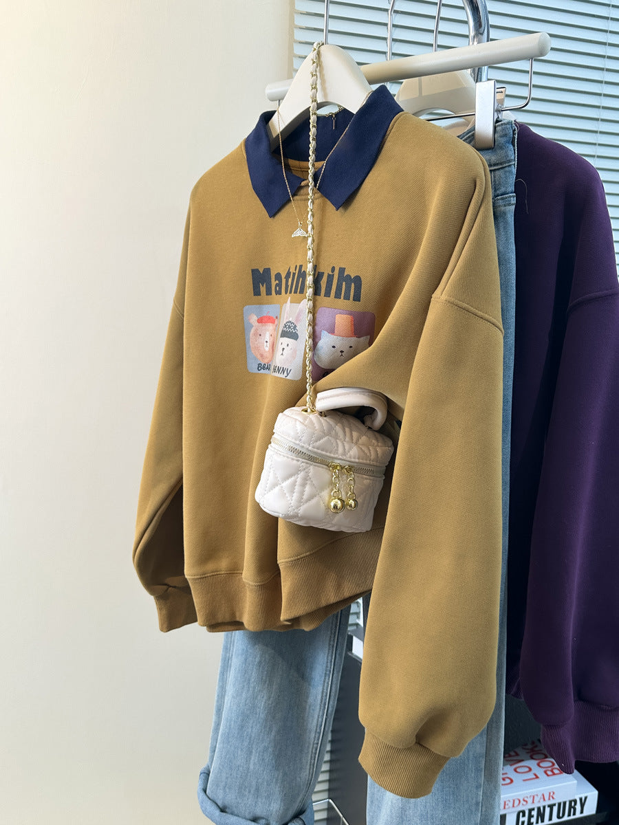 Femme Verspielt Grafisches Sweatshirt mit Kontrastkragen Heidi-Mode