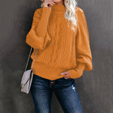 Damen nan Zopfmuster-Strickpullover mit Rollkragen und Ballonärmeln Drune in Ingwerfarben