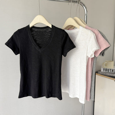 Damen T-Shirt mit kurzem Ärmel und V-Ausschnitt aus weichem Material Heidi-Mode