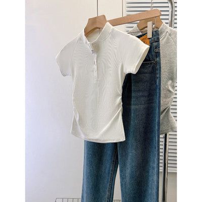 Femme Kurzarm Raffung Henley Oberteil mit Knopfdetail Heidi-Mode