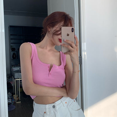 Femme Rippene Knopfen-Front Gekürztes Tanktop Heidi-Mode