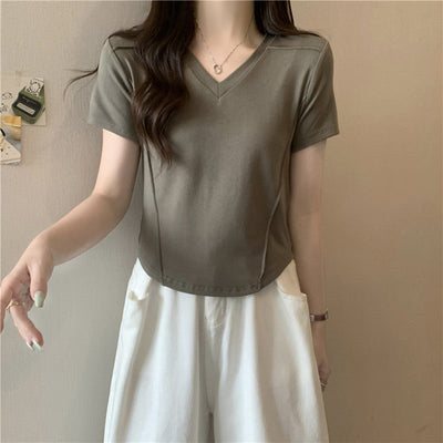 Femme Kurzarm V-Ausschnitt Basic T-Shirt Heidi-Mode