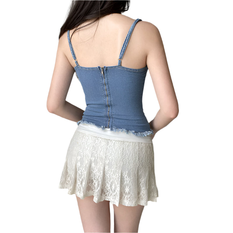 Adeline - Denimbluse mit Spitze und Rüschen
