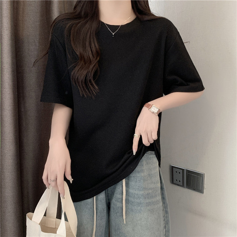 Femme Lockere Passform Texturiertes Kurzarm-T-Shirt Heidi-Mode