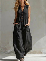 Damen Ärmelloser V-Ausschnitt Jumpsuit – Weites Bein Mit Taschen in Schwarz