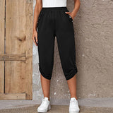 Damen nan lässige dreiviertellange Hose mit elastischem Bund, Eingrifftaschen und krempelbarem Saum Drune in Schwarz