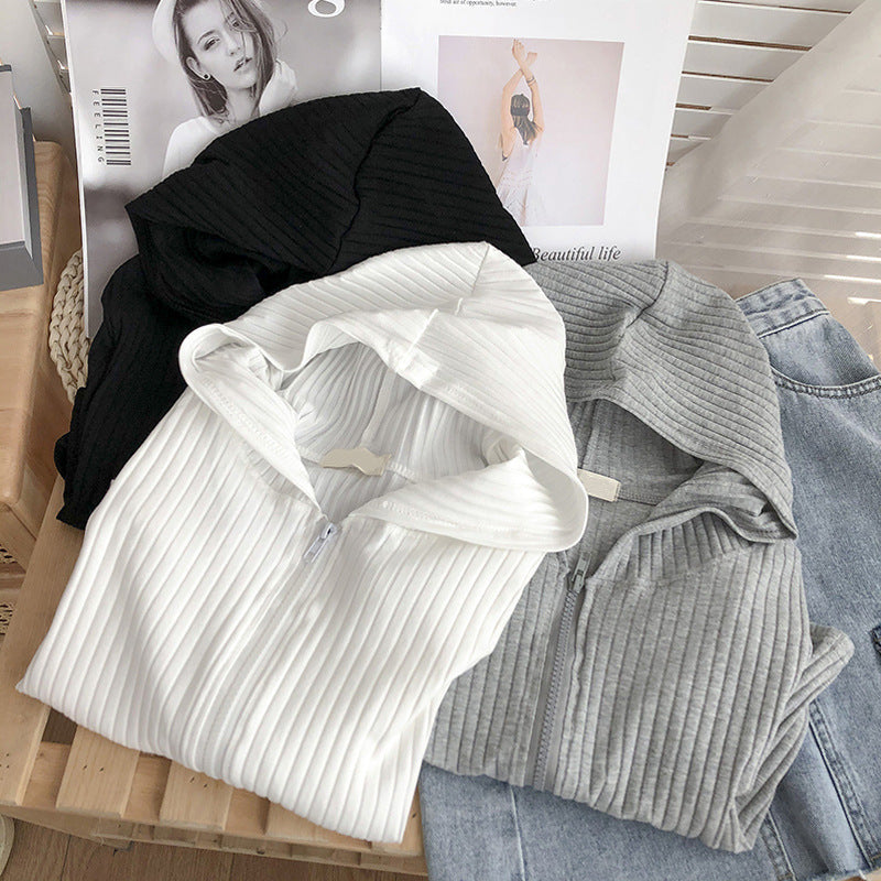 Damen Kurzarm Kapuzen Zip-Up Oberteil mit Ripptextur Heidi-Mode