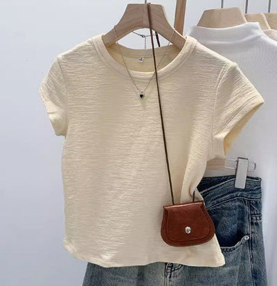 Damen Soft Cotton Kurzarm-T-Shirt mit subtiler Textur Heidi-Mode