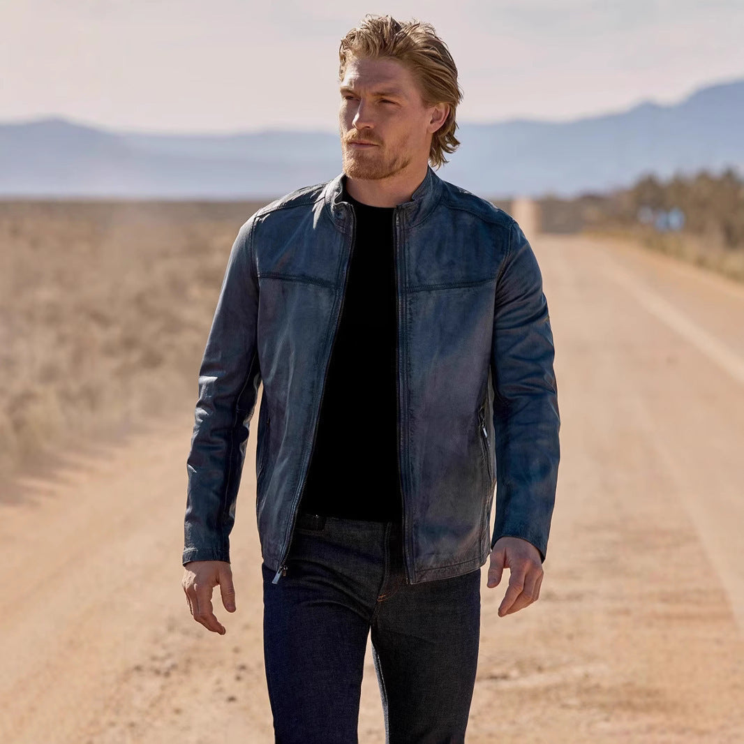 Herren hochwertige Lederjacke im modernen Biker-Stil mit praktischem Stehkragen Aliams