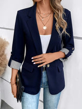 Damen nan taillierter dreiviertelarm Blazer mit Pattentaschen und umgeschlagenen Manschetten Drune in Marineblau