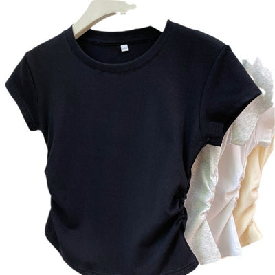 Femme Kurzarm Geraffte Seiten T-Shirt Heidi-Mode