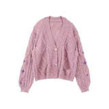 Damen nan oversize Strickcardigan mit Zopfmuster und Sternapplikationen V-Ausschnitt Knopfleiste Drune in Rosa