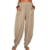 Damen nan lockere Leinenhose mit weitem Bein elastischem Bund und großen aufgesetzten Taschen Drune in Khaki