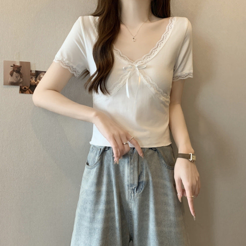 Damen Spitzenbesetztes V-Ausschnitt-Oberteil mit Schleifendetail Heidi-Mode