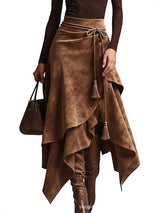 Damen asymmetrischer Wickelrock mit dekorativen Quasten Drune in Kaffee