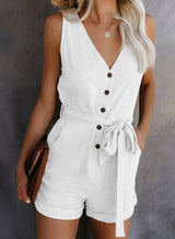Damen Ärmelloser Knopf Playsuit – Sommer Jumpsuit Mit Gürtel in Weiß