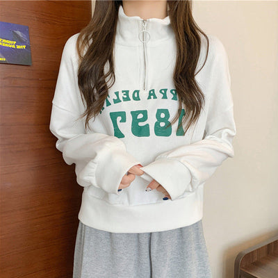 Femme Halb-Reißverschluss Freizeit Pullover Sweatshirt mit Vintage-Druck Heidi-Mode
