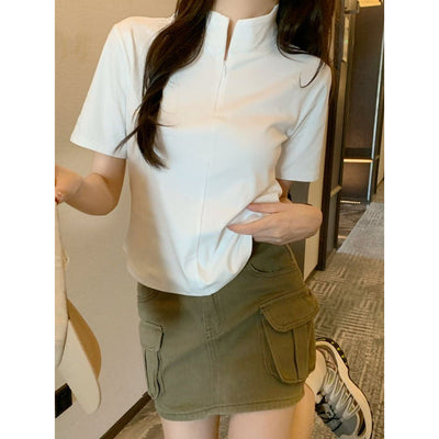 Femme Kurzarm Reißverschluss-Hals Top Heidi-Mode