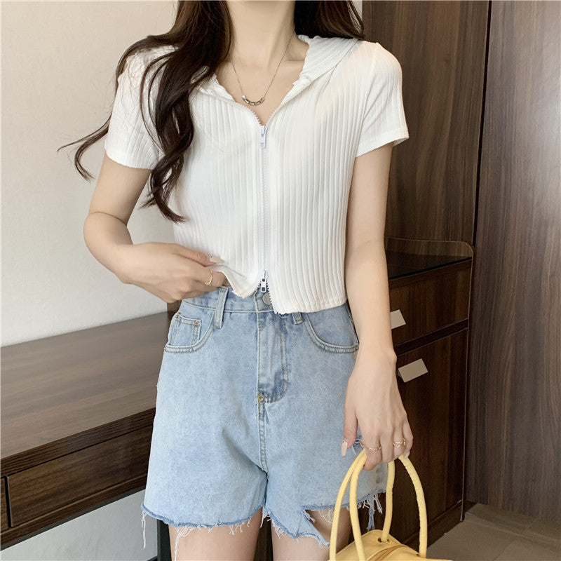 Femme Kurzarm Reißverschluss Hoodie mit geripptem Textur Heidi-Mode