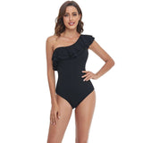 Damen Einteiler Badeanzug mit asymmetrischem Rüschendesign Drune in Schwarz