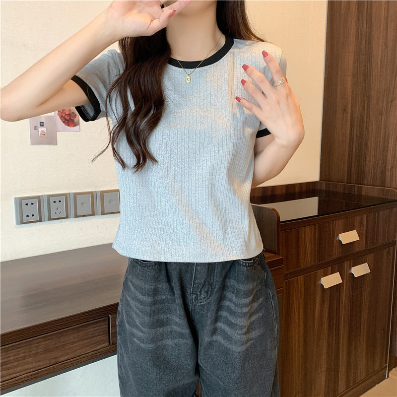 Damen Kurzarm-Ripp-T-Shirt mit Kontrastbesatz Heidi-Mode