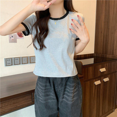 Damen Kurzarm-Ripp-T-Shirt mit Kontrastbesatz Heidi-Mode