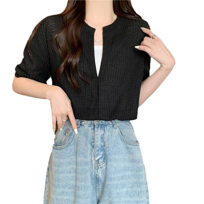 Femme Kurzarm Waffelstricktop mit Knopfdetails Heidi-Mode