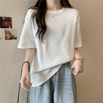 Femme Lockere Passform Texturiertes Kurzarm-T-Shirt Heidi-Mode