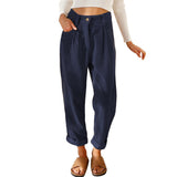 Damen nan weiche weite Cordhose mit hoher Taille, Bundfalten und umgeschlagenem Saum Drune in Marineblau