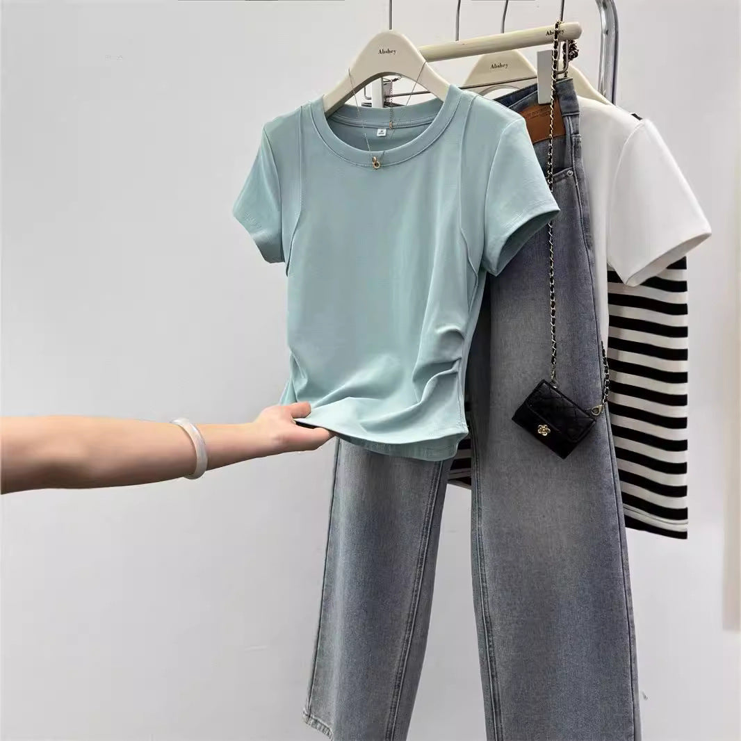 Femme Kurzarm Raffung Detail Top Heidi-Mode