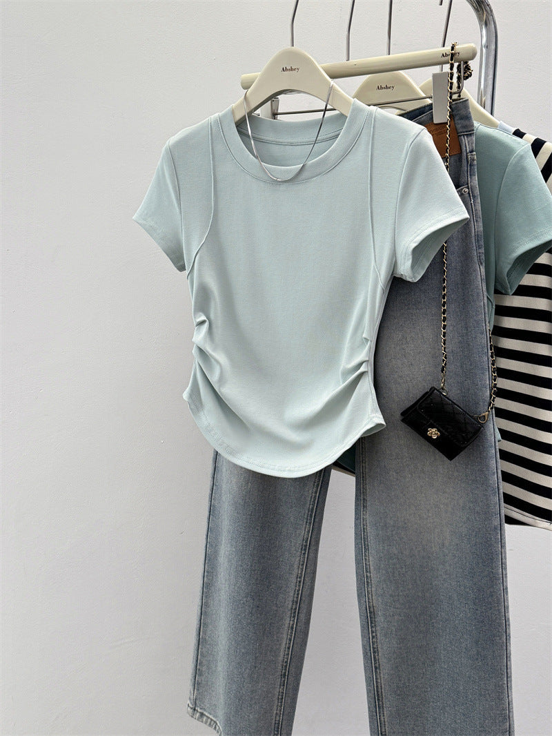 Femme Kurzarm Raffung Detail Top Heidi-Mode