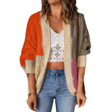 Damen nan lässige Strickjacke im Patchwork-Stil mit offener Front und 3/4-Ärmeln Drune in Orange
