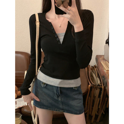 Femme Langarm Geschichteter Henley Oberteil Heidi-Mode