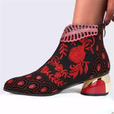 Damen nan bestickte Ankle-Boots mit Samteinsatz Perlenbesatz und skulptiertem Blockabsatz Drune in Rot