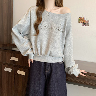 Damen Off-Shoulder Lässiger Sweatshirt mit Strassdetails Heidi-Mode
