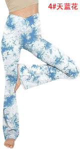 Damen nan taillenhohe Yogahose mit überkreuztem Bund und ausgestelltem Saum mit Schlitz Drune in Tie-Dye Hellblau