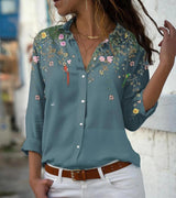 Damen nan leichte Chiffonbluse mit floralem Vogelprint, Knopfleiste und lässigem Schnitt Drune in Blau