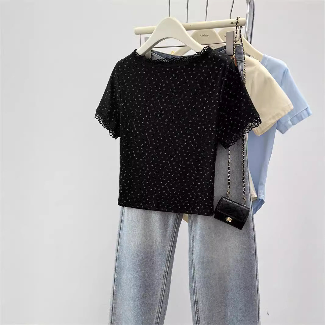 Femme Spitzenausschnitt V-Neck T-Shirt mit Bindung Heidi-Mode